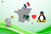 a trash can is shown on the left with the microsoft logo being tossed into it, the map of france is in the center, there is tux sitting on the right (mascot of linux)
