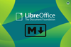 libreoffice logo on top, the markdown logo below that, a mixed blue green background with curves at the back