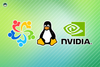 almalinux logo on left, tux, the mascot of linux in the middle, and the nvidia logo on the right
