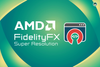 amd fidelityfx super resolution logo on the left, an illustration that shows an app window with an incomplete red colored circle in the middle which in turn has these symbols inside </>