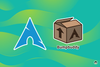 arch linux logo on left, the logo for bumpbuddy on the right, iti s a cardboard box with an up arrow and arch linux logo in it