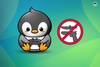 a cute gamer penguin is seen sitting with a controller in its flippers on the left, and a red/white colored symbol that shows no knives and guns allowed on the right