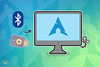 the bluetooth logo and an illustration for a u2f device on the left, a monitor with the arch linux logo in the middle, and a gear illustration on the right