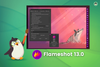 a happy looking penguin is seen on the left with a paint brush in its hand, the flameshot logo is in the bottom, with this text: flameshot 13.0, there is a screenshot of the same app above