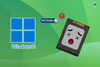 windows 11 logo on left, 24h2 update illustration in middle, a dead ssd drive on the right
