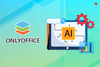 onlyoffice logo on the left, an illustration that shows ai with a search bar, bar graph, two gears, and a tablet on the right