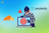 cloudflare logo on left, a thief trying to steal a laptop with the web logo in it, and the perplexity logo on the top right