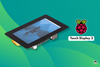the 5-inch raspberry pi touch display 2 is shown on the left installed on a raspberry pi device, and on the right, the raspberry pi logo is shown with touch display 2 written below