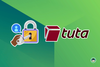 tuta logo on right (dark red colored), an illustration that shows encryption with a padlock and key being inserted into it on the left