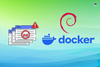 an illustration that shows malware with multiple app windows and a red skull on the left, the debian logo floating above the docker hub logo on the right