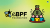 ebpf foundation logo with a bee on the left, an illustration showing a bag of money and three people on the right
