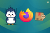 a sad looking penguin is standing on the left, the firefox logo is in the middle, and a cardboard box with 31-bit written on it is on the right