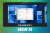 a screenshot of gnome 49 is in the middle, with gnome 49 written in white (with blue shadow) below