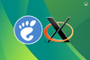 gnome logo on left, xorg (x11) logo on right, the background has some lines and a mix of blue and green shades