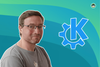 a picture of jonathan riddell is on the left (he is wearing a gray shirt), and the kde logo is on the right
