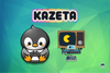 a gamer tux is sat on the left with a controller in its hand, the multi colored logo of kazeta is at top, and an illustration showing pacman inside a retro gaming setup is shown on the right
