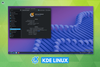 a banner that shows a screenshot of kde linux alpha build with the about this system page open in the settings menu, the abstract wallpaper for the desktop is a mix of blue and purple shades
