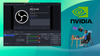 there is a person sitting at a desk on the right, busy working on a video, the nvidia logo is above it, and on the left, there is a screenshot of obs studio 32.0