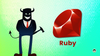 an evil looking corporate person with horns and tails in a suit is standing on the left, and the ruby logo on the right
