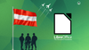 the austrian flag on a pole on the left, three soldiers standing below it, three planes flying over it, and the libreoffice logo on the right