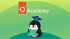 ubuntu academy logo on top which is a mix of ubuntu's logo and the text "academy" written in white, and below that is a studious penguin reading a book with a square academic cap on its head