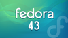 fedora 43 is written in white with blue shadow in the center, the background has a wavy green-blue mix pattern and the fedora logo faded on the right