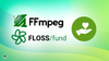 the green-colored logos for ffmpeg and floss/fund are shown on the left, with a green colored circle showing a donation illustration with a hand and heart symbol on the right