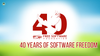fsf 40 years anniversary logo is in the center with a white bird in it, and 40 years of software freedom written in red below