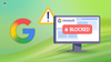 google logo on left, a yellow triangle-shaped caution sign in the middle, a monitor showing the immich logo and a blocked notice on the right