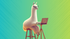 an animated llama sitting on a stool and using a laptop with C++ written on it. The image represents llama.cpp
