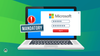 a laptop is shown here, with a microsoft account login screen and an illustration that says mandatory with a red exclamation mark
