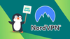 a happy penguin with a sign in it flapper is seen on the left, it says open source, and on the right is the blue mountain-themed nordvpn logo