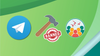 telegram logo on left, a ban hammer in the middle, some angry people on the right inside a white circle
