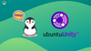 a sad penguin is standing on the left saying, "help", towards the right is the ubuntu unity logo in shades of white, purple, and black