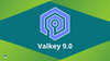 the valkey logo (purple colored) is in the middle, with valkey 9.0 written in white below it, the bacground has a diamond shape with two shades of green