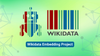 wikidata logo on right, with multicolored lines, wikidata embedding project logo on left, with similar multicolored lines but in the shape of a robot