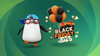 there is a rad-looking penguin with a blue cap and spectacles on hopping on the left, and on its right is an element with balloons and gifts, with the text saying, black friday 2025