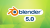 the blender logo is placed above inside a curvy white box and 5.0 is written below in a similar white curvy box, the background is mixed shades of green