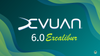 devuan logo on top, 6.0 written in white below it, and excalibur written in green in a funky font towards the right
