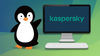 a penguin with its left flipper up is shown on the left, on the right is a desktop computer with a keyboard and a monitor with the kaspersky logo inside it