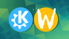 kde logo on left, wayland logo on right, the background is mixed shades of green