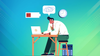 there is a developer sitting on a desk, working on something on a laptop, they look worried/exhausted, and above them are symbols for low battery, jumbled thoughts, and a clock