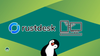 rustdesk logo on left, an illustration showing a multi-monitor desktop setup on the right, and below is a inquisitive-looking penguin