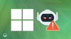 the windows logo is on the left (white-colored) and towards its right side is a evil-looking floating robot head, with an orange exclamation mark near it