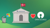 microsoft logo is shown going towards a trashcan on the left, in the middle is an administrative building with the denmark flag at top, and on the right are the heart and open source logos
