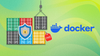 an illustration showing many multi-colored containers on the left with padlock and free symbols on them, on the right is the docker logo