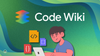 google code wiki logo is placed in the center, below that is an illustratrion of a programmer working on their laptop