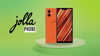 jolla logo on left with phone written below it in a white box, on the right are two new jolla phone devices sat on a round pedestal looking thing