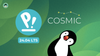 a light blue colored pop!_is logo is on the left with 24.04 lts written below it, on the right is the star-studded cosmic logo with a curious penguin below it