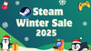 steam winter sale 2025 is written in white, with the steam logo on left, the background is a christmas-themed illustration with some happy penguins laying about